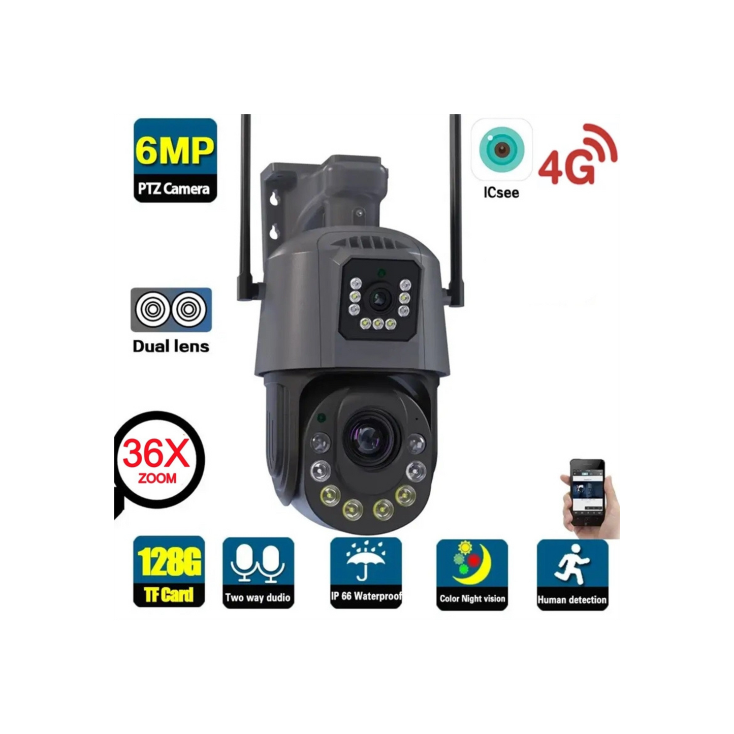 WiFi Bullet Security Camera 6MP Dual Lens 4G ICsee